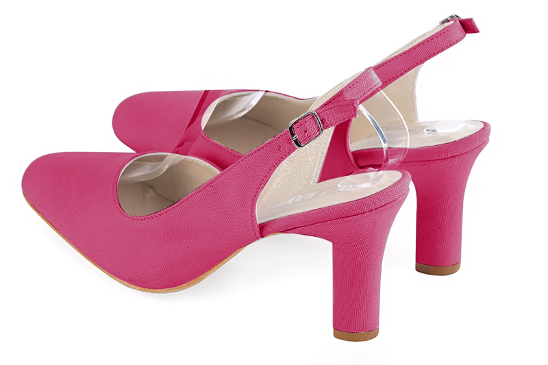 Hot pink women's slingback shoes. Round toe. High kitten heels. Rear view - Florence KOOIJMAN